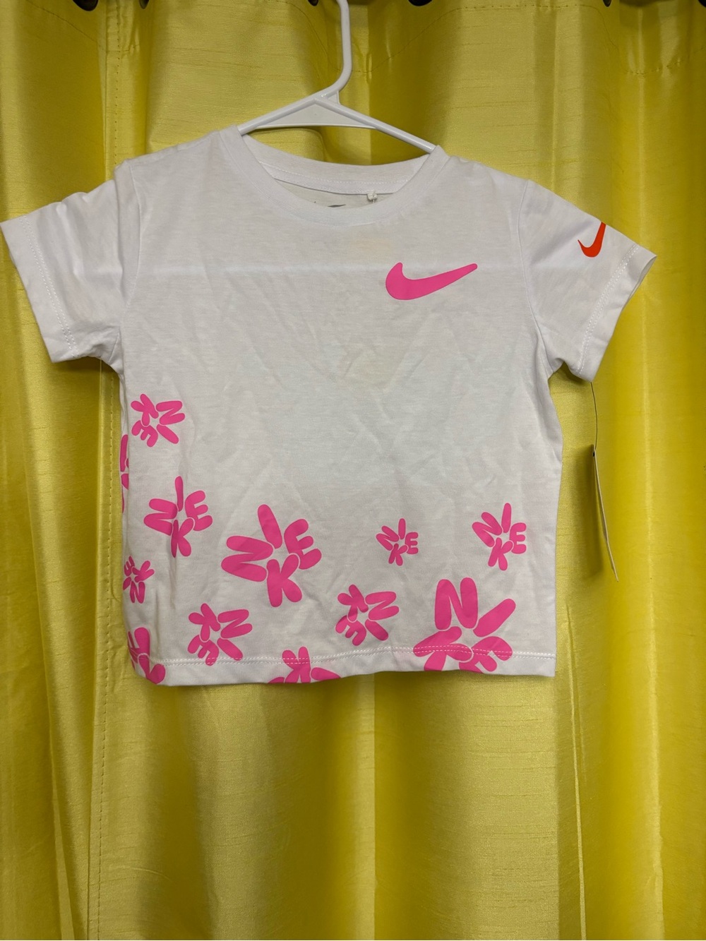 Nike White Kids Tee with Pink Swoosh & Pink Floral Prints